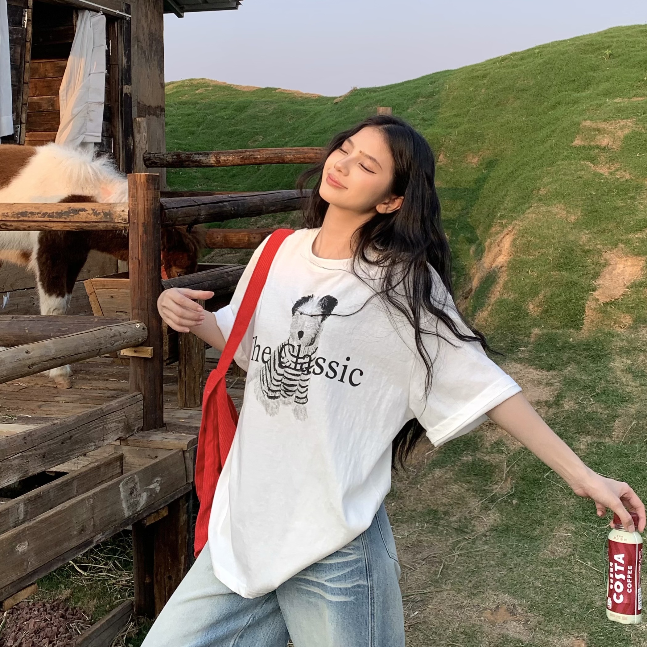 Korean Style Dog Print Round Neck Short Sleeve T-Shirt for Women - 2025 Summer Loose Slim Fit Top Korean Style Dog Print Round Neck Short Sleeve T-Shirt for Women - 2025 Summer Loose Slim Fit Top