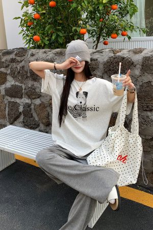 Korean Style Dog Print Round Neck Short Sleeve T-Shirt for Women - 2025 Summer Loose Slim Fit Top