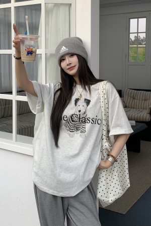 Korean Style Dog Print Round Neck Short Sleeve T-Shirt for Women - 2025 Summer Loose Slim Fit Top