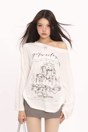 Korean Style Graffiti Off-Shoulder Long Sleeve T-Shirt for Women - Summer Sun Protection Cover-Up, Lightweight & Airy