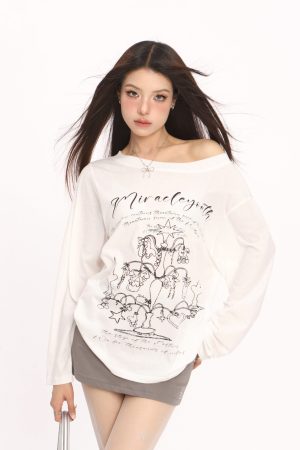 Korean Style Graffiti Off-Shoulder Long Sleeve T-Shirt for Women - Summer Sun Protection Cover-Up, Lightweight & Airy