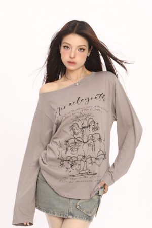 Korean Style Graffiti Off-Shoulder Long Sleeve T-Shirt for Women - Summer Sun Protection Cover-Up, Lightweight & Airy