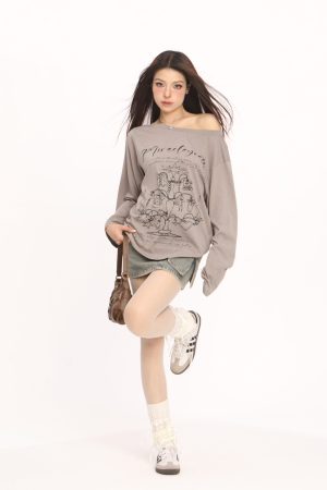 Korean Style Graffiti Off-Shoulder Long Sleeve T-Shirt for Women - Summer Sun Protection Cover-Up, Lightweight & Airy