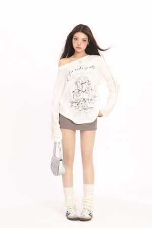 Korean Style Graffiti Off-Shoulder Long Sleeve T-Shirt for Women - Summer Sun Protection Cover-Up, Lightweight & Airy