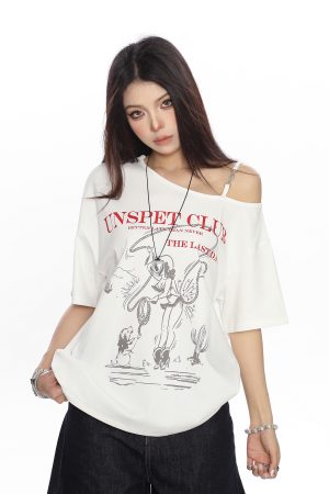 Korean Style Graffiti Off-Shoulder Sleeveless T-Shirt for Women - Summer Loose Casual Top