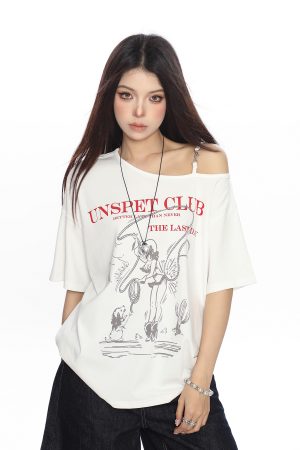 Korean Style Graffiti Off-Shoulder Sleeveless T-Shirt for Women - Summer Loose Casual Top
