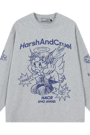 Korean Style Hand-Drawn Graffiti Long Sleeve T-Shirt for Couples, Loose Fit, Lazy Wind Angel Elf Design