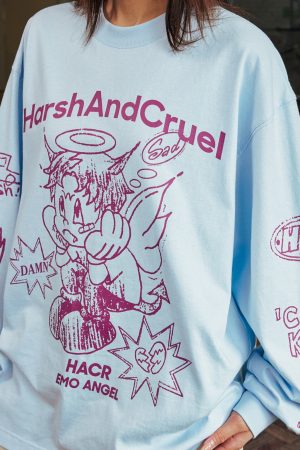 Korean Style Hand-Drawn Graffiti Long Sleeve T-Shirt for Couples, Loose Fit, Lazy Wind Angel Elf Design