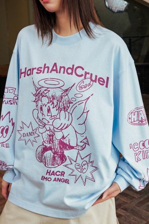 Korean Style Hand-Drawn Graffiti Long Sleeve T-Shirt for Couples, Loose Fit, Lazy Wind Angel Elf Design