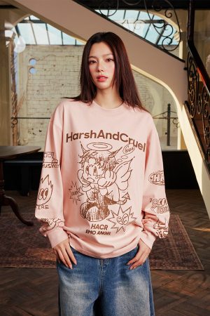 Korean Style Hand-Drawn Graffiti Long Sleeve T-Shirt for Couples, Loose Fit, Lazy Wind Angel Elf Design