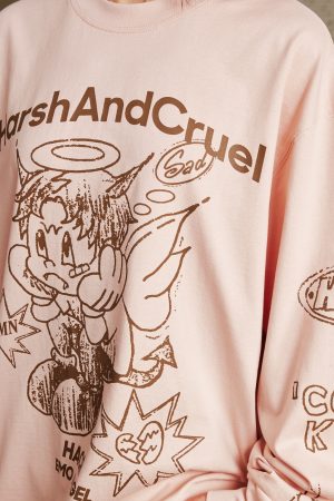 Korean Style Hand-Drawn Graffiti Long Sleeve T-Shirt for Couples, Loose Fit, Lazy Wind Angel Elf Design