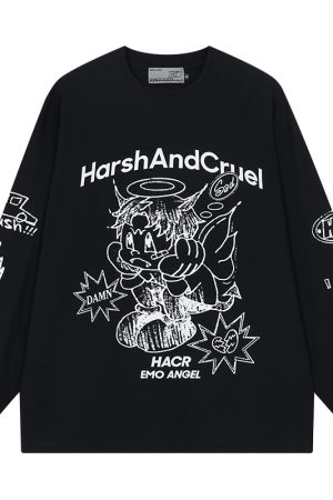 Korean Style Hand-Drawn Graffiti Long Sleeve T-Shirt for Couples, Loose Fit, Lazy Wind Angel Elf Design