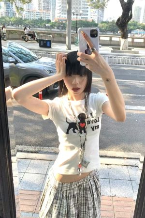 Korean Style Heart Dog Print Short Sleeve T-Shirt for Women - 2025 Summer American Retro Slim Fit Fashion Top