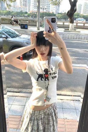 Korean Style Heart Dog Print Short Sleeve T-Shirt for Women - 2025 Summer American Retro Slim Fit Fashion Top