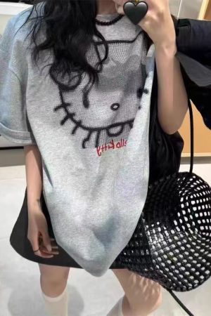 Korean Style Hello Kitty Cartoon Printed Short Sleeve T-Shirt for Women - Loose Fit, Versatile, Age-Reducing Top