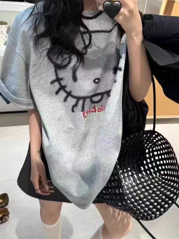 Korean Style Hello Kitty Cartoon Printed Short Sleeve T-Shirt for Women - Loose Fit, Versatile, Age-Reducing Top Korean Style Hello Kitty Cartoon Printed Short Sleeve T-Shirt for Women - Loose Fit, Versatile, Age-Reducing Top