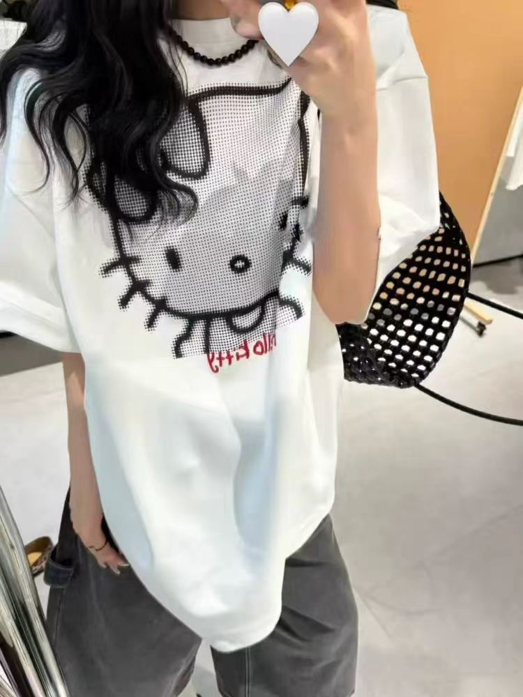 Korean Style Hello Kitty Cartoon Printed Short Sleeve T-Shirt for Women - Loose Fit, Versatile, Age-Reducing Top Korean Style Hello Kitty Cartoon Printed Short Sleeve T-Shirt for Women - Loose Fit, Versatile, Age-Reducing Top