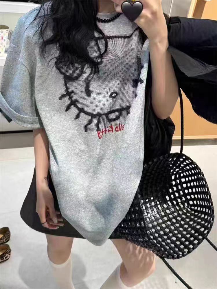 Korean Style Hello Kitty Cartoon Printed Short Sleeve T-Shirt for Women - Loose Fit, Versatile, Age-Reducing Top Korean Style Hello Kitty Cartoon Printed Short Sleeve T-Shirt for Women - Loose Fit, Versatile, Age-Reducing Top