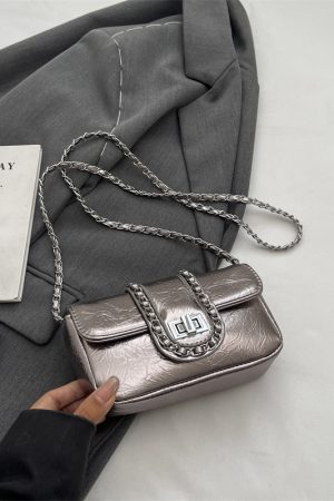 Korean Style High-End Silver Handbag for Women - Laser Cut Small Square Crossbody Bag with Chain Shoulder Strap, Spring/Summer 2025
