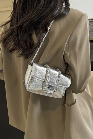 Korean Style High-End Silver Handbag for Women - Laser Cut Small Square Crossbody Bag with Chain Shoulder Strap, Spring/Summer 2025