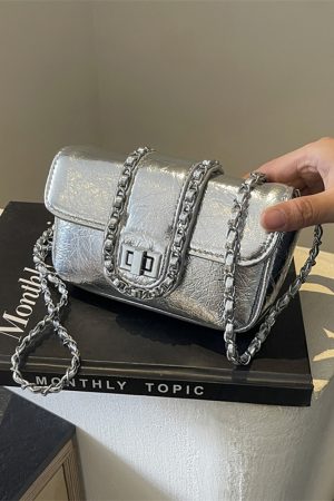 Korean Style High-End Silver Handbag for Women - Laser Cut Small Square Crossbody Bag with Chain Shoulder Strap, Spring/Summer 2025