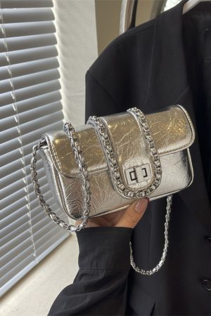 Korean Style High-End Silver Handbag for Women - Laser Cut Small Square Crossbody Bag with Chain Shoulder Strap, Spring/Summer 2025