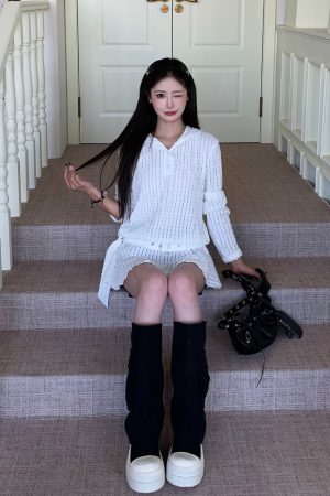 Korean Style Lace Hollow Long Sleeve Knitted Top - Unique Chic Hooded Dress for Spring Summer - Trendy 3MER Inspired Look