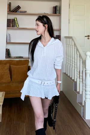 Korean Style Lace Hollow Long Sleeve Knitted Top - Unique Chic Hooded Dress for Spring Summer - Trendy 3MER Inspired Look