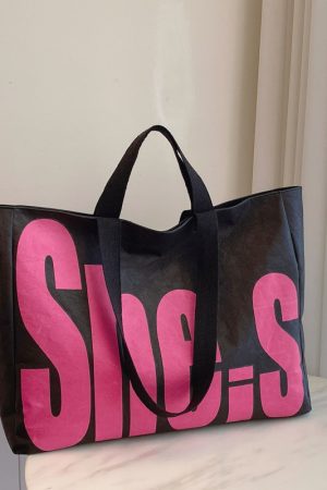 Korean-Style Large-Capacity Tote Bag for Women - 2025 Autumn Winter Literary Letter Print Shoulder Bag, Versatile Fashion Accessory