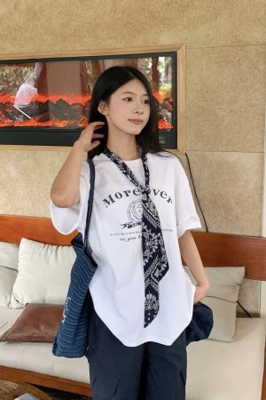 Korean Style Loose Fit Short Sleeve T-Shirt for Women with Scarf - Printed 2025 Summer Top - Casual American Fashion
