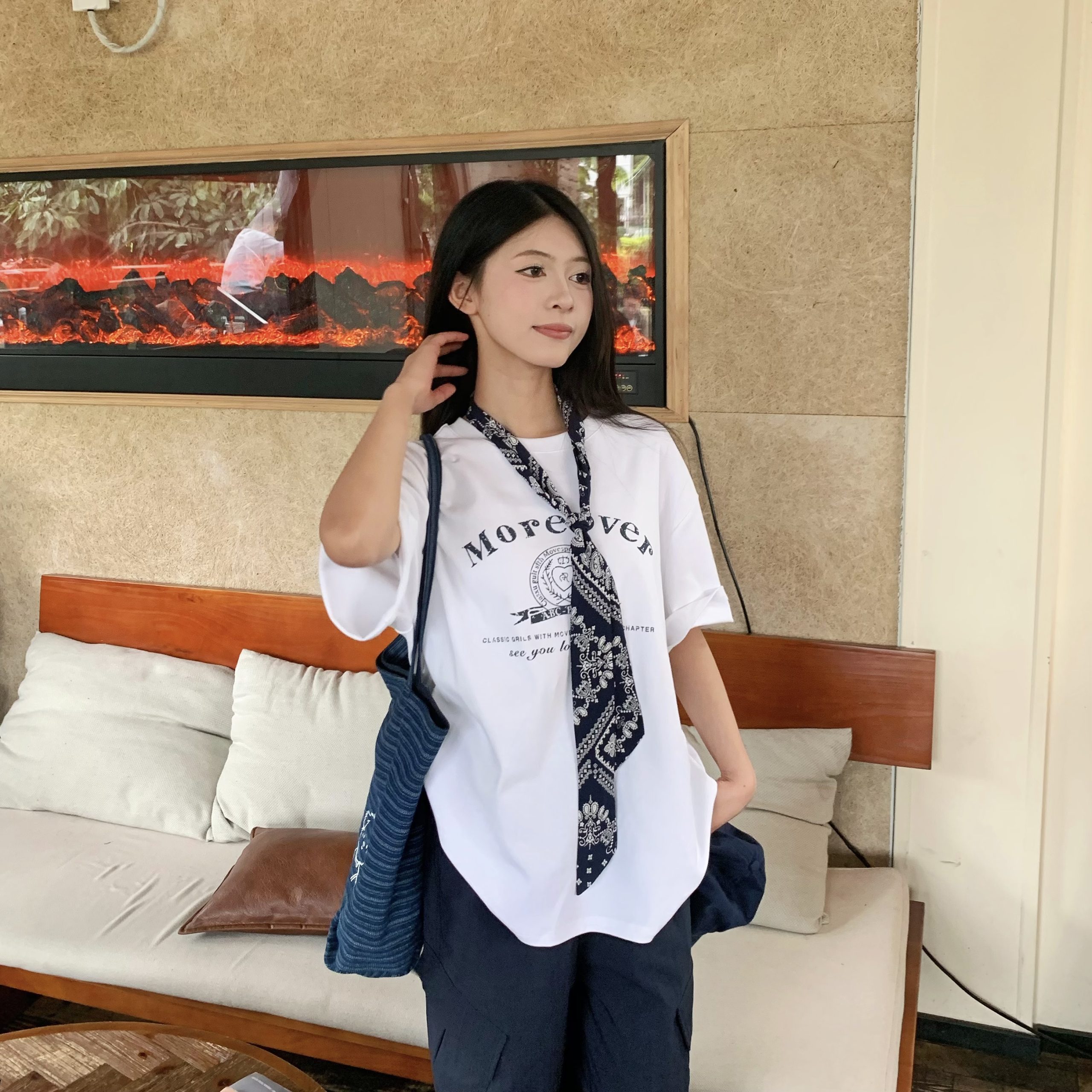 Korean Style Loose Fit Short Sleeve T-Shirt for Women with Scarf - Printed 2025 Summer Top - Casual American Fashion Korean Style Loose Fit Short Sleeve T-Shirt for Women with Scarf - Printed 2025 Summer Top - Casual American Fashion