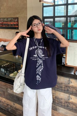 Korean Style Loose Fit Short Sleeve T-Shirt for Women with Scarf - Printed 2025 Summer Top - Casual American Fashion