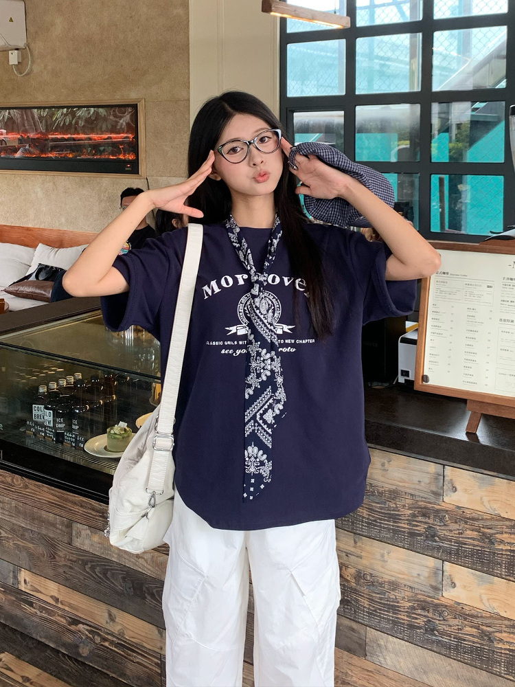 Korean Style Loose Fit Short Sleeve T-Shirt for Women with Scarf - Printed 2025 Summer Top - Casual American Fashion Korean Style Loose Fit Short Sleeve T-Shirt for Women with Scarf - Printed 2025 Summer Top - Casual American Fashion