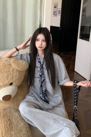 Korean Style Loose Fit Short Sleeve T-Shirt for Women with Scarf - Printed 2025 Summer Top - Casual American Fashion