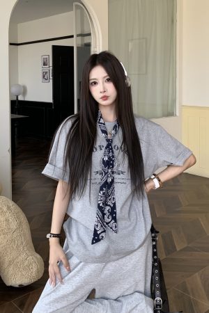 Korean Style Loose Fit Short Sleeve T-Shirt for Women with Scarf - Printed 2025 Summer Top - Casual American Fashion