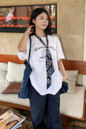 Korean Style Loose Fit Short Sleeve T-Shirt for Women with Scarf - Printed 2025 Summer Top - Casual American Fashion