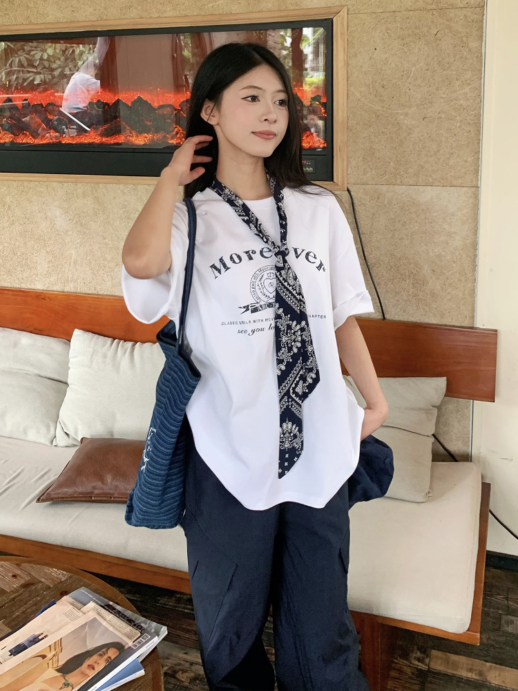 Korean Style Loose Fit Short Sleeve T-Shirt for Women with Scarf - Printed 2025 Summer Top - Casual American Fashion Korean Style Loose Fit Short Sleeve T-Shirt for Women with Scarf - Printed 2025 Summer Top - Casual American Fashion