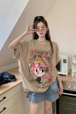 Korean-Style Mid-Length Cartoon Print Plus Size Cotton Short Sleeve T-Shirt for Women - Loose Fit Versatile Round Neck Top