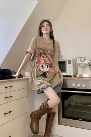 Korean-Style Mid-Length Cartoon Print Plus Size Cotton Short Sleeve T-Shirt for Women - Loose Fit Versatile Round Neck Top