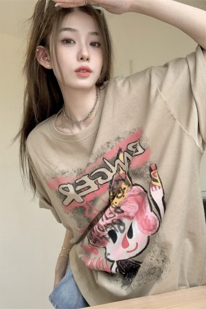 Korean-Style Mid-Length Cartoon Print Plus Size Cotton Short Sleeve T-Shirt for Women - Loose Fit Versatile Round Neck Top