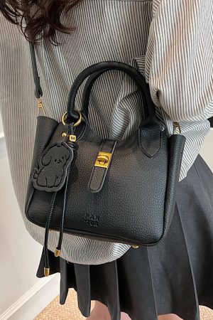 Korean-Style Minimalist Lychee Texture Handbag for Women - Versatile Small Crossbody Bucket Bag, 2025 Spring Collection