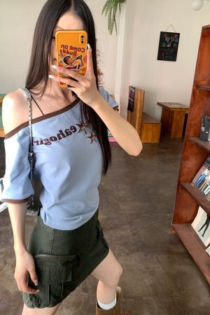 Korean Style Off-Shoulder Letter Print Short Sleeve T-Shirt for Women - Sexy Casual Slim Fit Top