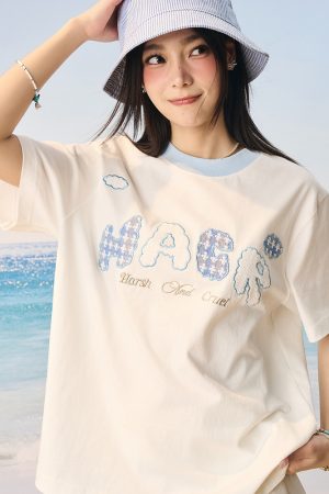 Korean Style Playful Cloud Patch T-Shirt - Cool Feeling Sorona Fabric Couple Tee for Summer Fashion