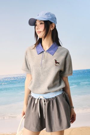 Korean-Style Retro College Plaid Collar Fake Two-Piece Color-Blocked Embroidered Polo Shirt