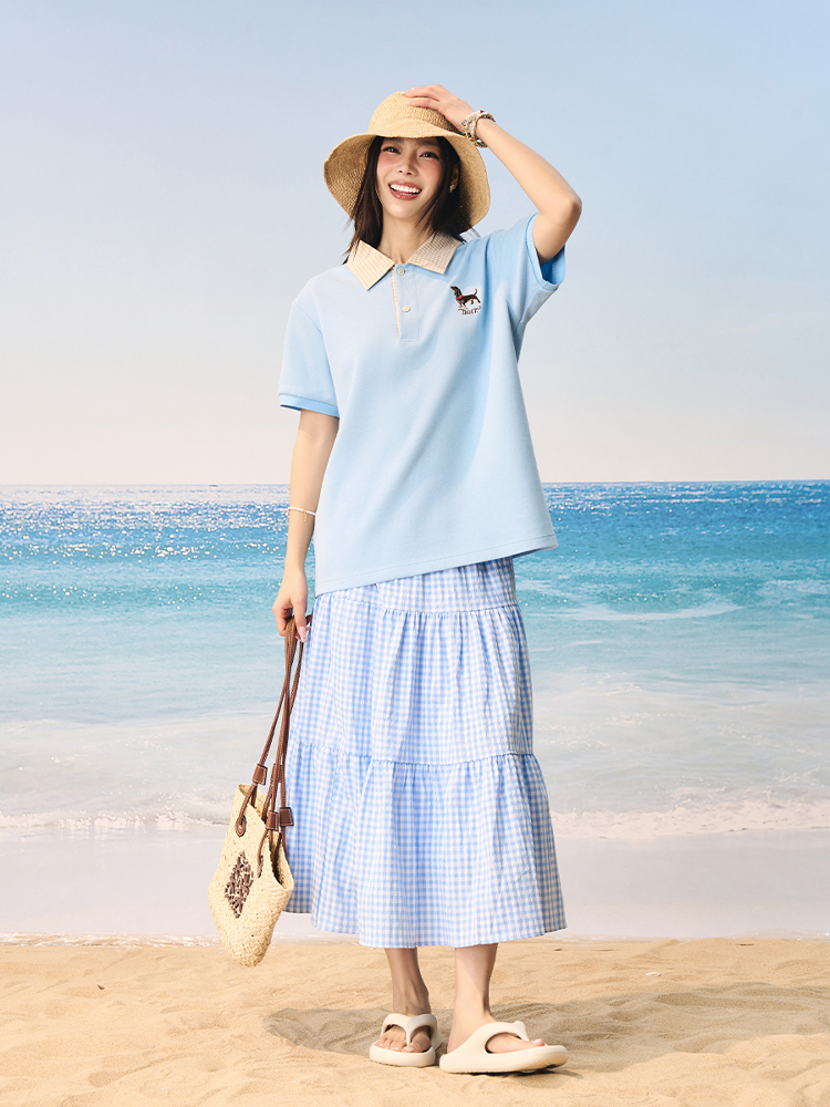 Korean-Style Retro College Plaid Collar Fake Two-Piece Color-Blocked Embroidered Polo Shirt Korean-Style Retro College Plaid Collar Fake Two-Piece Color-Blocked Embroidered Polo Shirt