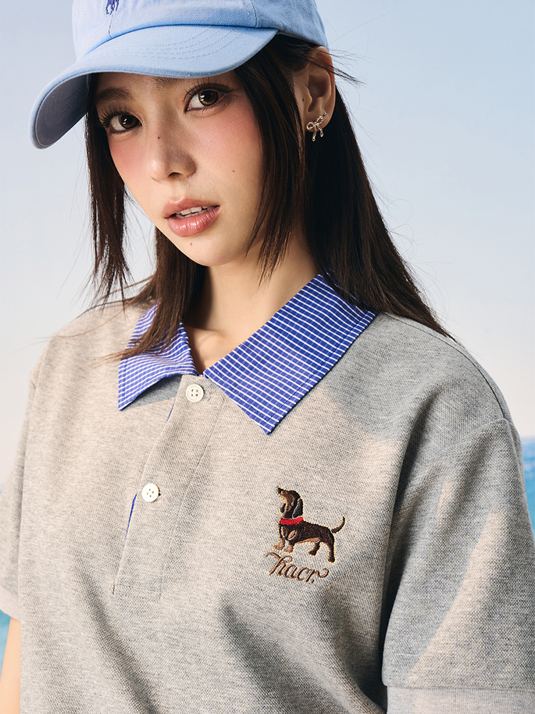 Korean-Style Retro College Plaid Collar Fake Two-Piece Color-Blocked Embroidered Polo Shirt Korean-Style Retro College Plaid Collar Fake Two-Piece Color-Blocked Embroidered Polo Shirt