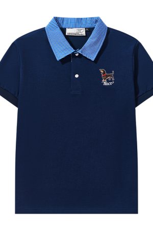 Korean-Style Retro College Plaid Collar Fake Two-Piece Color-Blocked Embroidered Polo Shirt