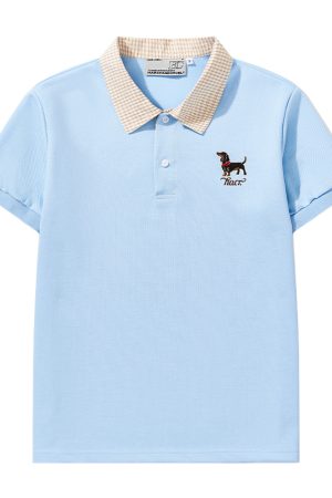 Korean-Style Retro College Plaid Collar Fake Two-Piece Color-Blocked Embroidered Polo Shirt
