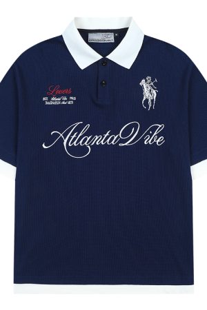 Korean-Style Retro Jersey Polo Shirt with Embroidered Collar - Short Sleeve Fake Two-Piece Design