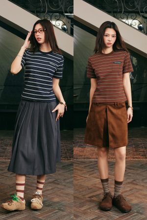 Korean-Style Retro Striped Slim-Fit Short Sleeve T-Shirt for Spring and Summer â€“ 90s Miu-Inspired Fashion Top